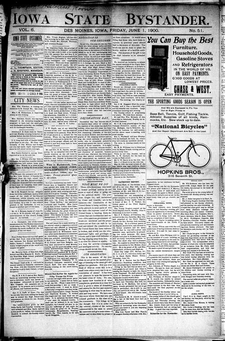 Iowa state bystander. volume 6, number 51, June 1, 1900