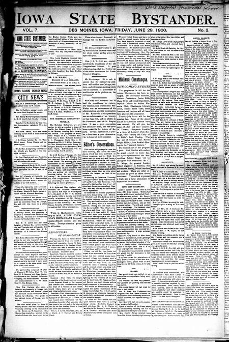 Iowa state bystander. volume 7, number 3, June 29, 1900