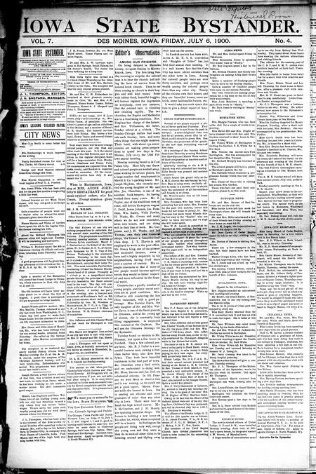Iowa state bystander. volume 7, number 4, July 6, 1900