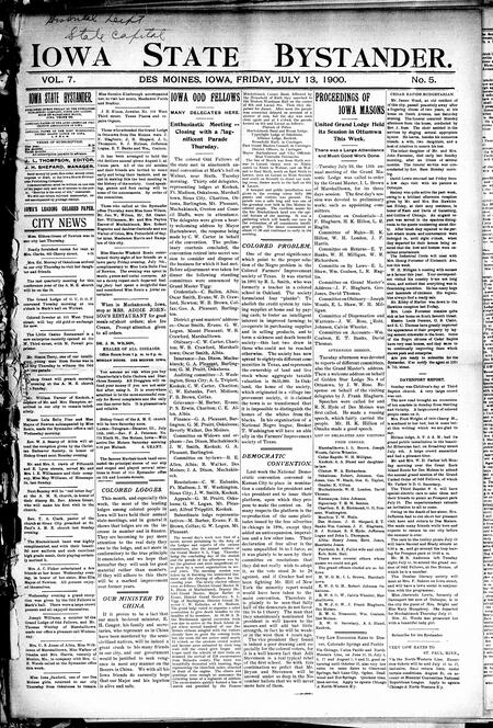 Iowa state bystander. volume 7, number 5, July 13, 1900