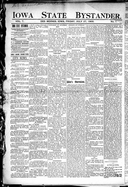 Iowa state bystander. volume 7, number 7, July 27, 1900