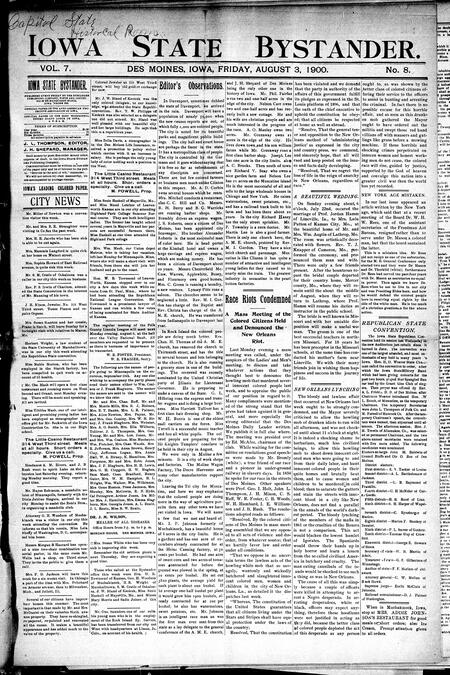 Iowa state bystander. volume 7, number 8, August 3, 1900
