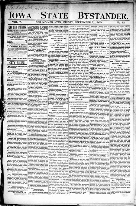 Iowa state bystander. volume 7, number 13, September 7, 1900