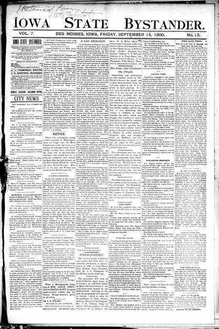 Iowa state bystander. volume 7, number 14, September 14, 1900