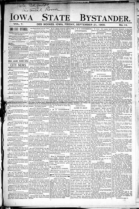 Iowa state bystander. volume 7, number 15, September 21, 1900