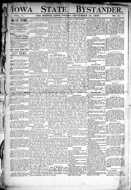 Iowa state bystander. volume 7, number 16, September 28, 1900