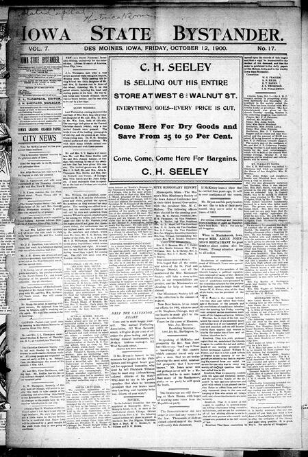Iowa state bystander. volume 7, number 18, October 12, 1900