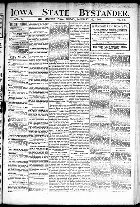 Iowa state bystander. volume 7, number 33, January 25, 1901