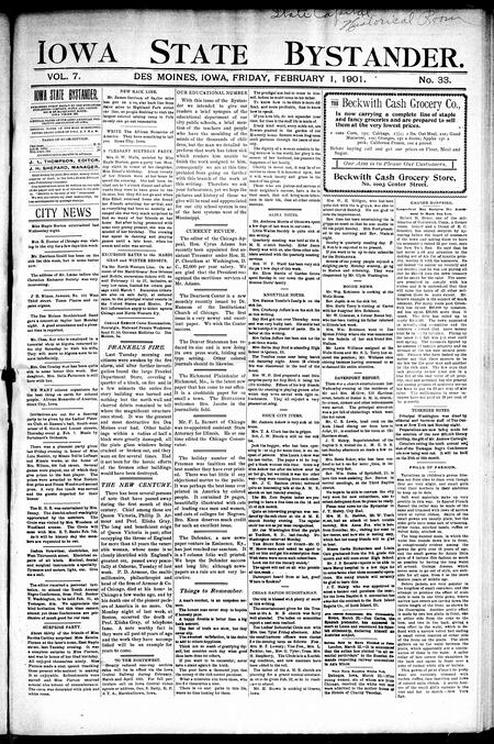 Iowa state bystander. volume 7, number 34, February 1, 1901