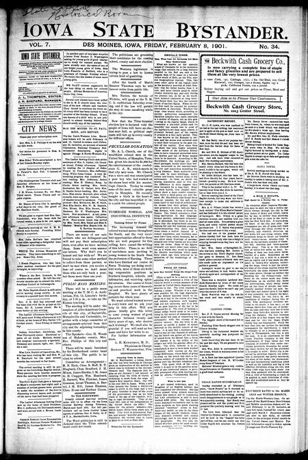 Iowa state bystander. volume 7, number 35, February 8, 1901