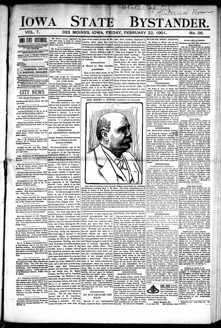 Iowa state bystander. volume 7, number 37, February 22, 1901