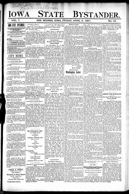 Iowa state bystander. volume 7, number 42, April 5, 1901