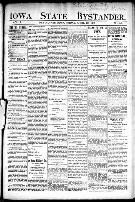 Iowa state bystander. volume 7, number 43, April 12, 1901