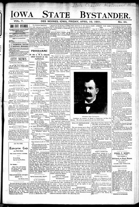 Iowa state bystander. volume 7, number 44, April 19, 1901