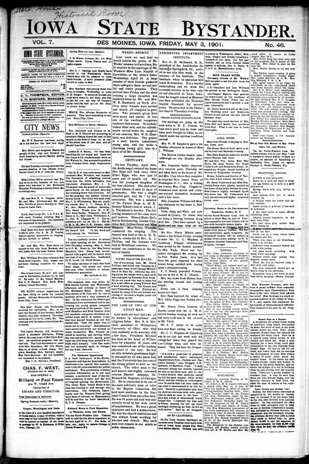 Iowa state bystander. volume 7, number 46, May 3, 1901