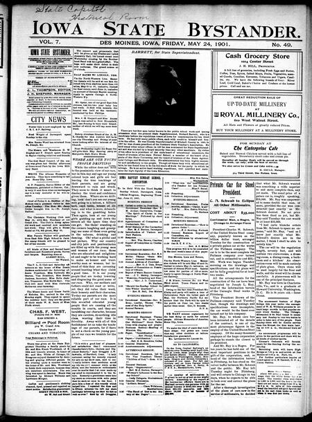 Iowa state bystander. volume 7, number 49, May 24, 1901