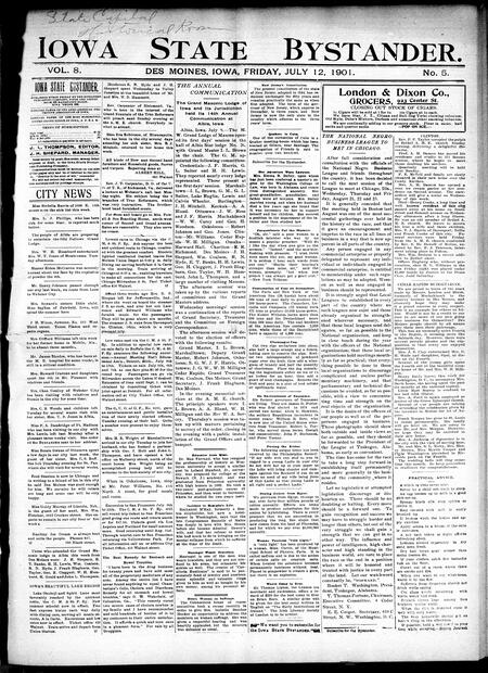 Iowa state bystander. volume 8, number 5, July 12, 1901