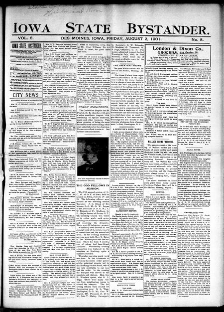 Iowa state bystander. volume 8, number 8, August 2, 1901
