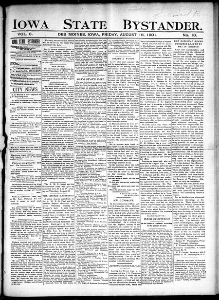 Iowa state bystander. volume 8, number 10, August 16, 1901