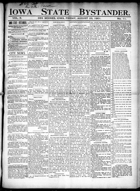 Iowa state bystander. volume 8, number 11, August 23, 1901
