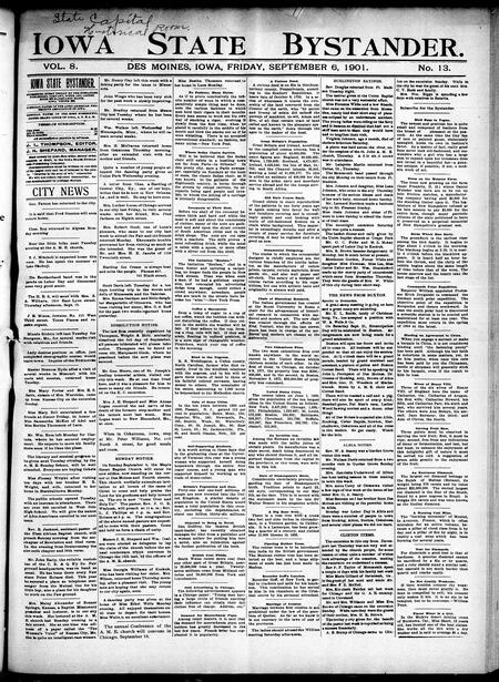 Iowa state bystander. volume 8, number 13, September 6, 1901