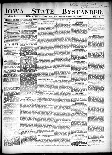 Iowa state bystander. volume 8, number 14, September 13, 1901