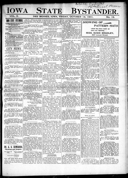 Iowa state bystander. volume 8, number 19, October 18, 1901