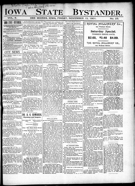 Iowa state bystander. volume 8, number 23, November 15, 1901