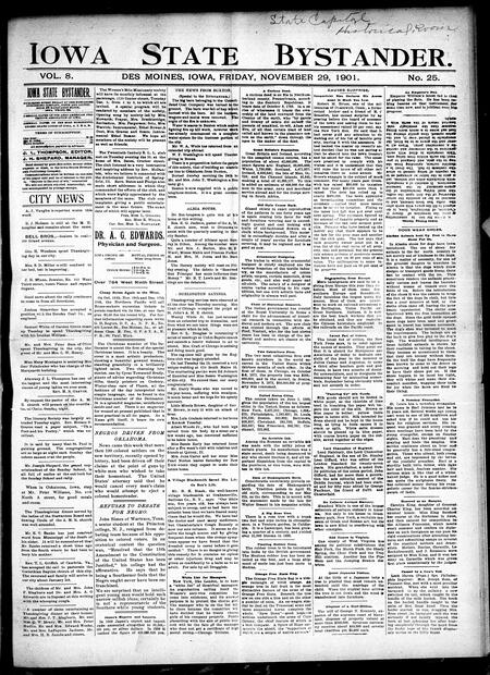Iowa state bystander. volume 8, number 25, November 29, 1901
