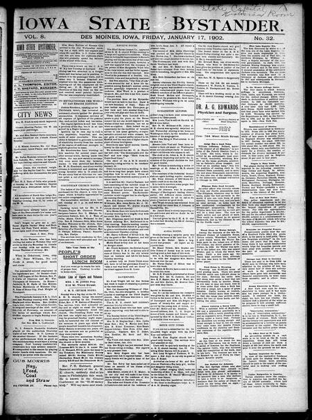 Iowa state bystander. volume 8, number 32, January 17, 1902