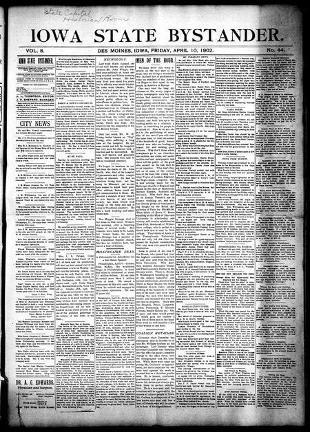 Iowa state bystander. volume 8, number 44, April 11, 1902
