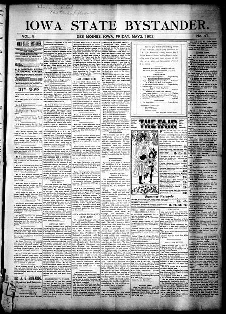 Iowa state bystander. volume 8, number 47, May 2, 1902