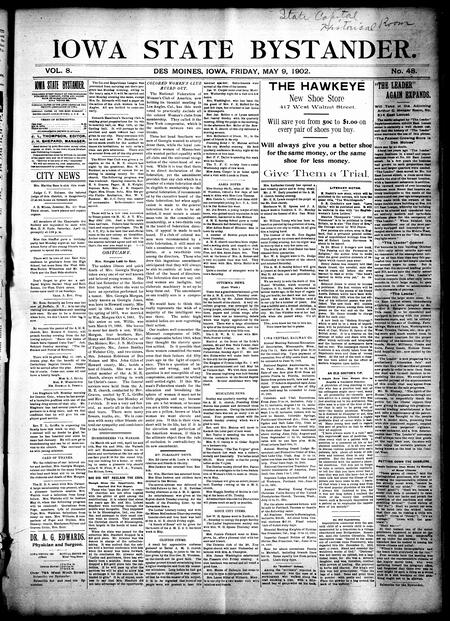 Iowa state bystander. volume 8, number 48, May 9, 1902