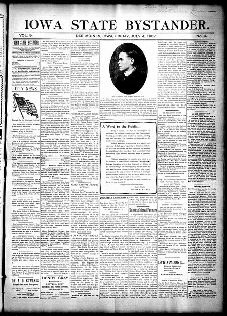 Iowa state bystander. volume 9, number 4, July 4, 1902
