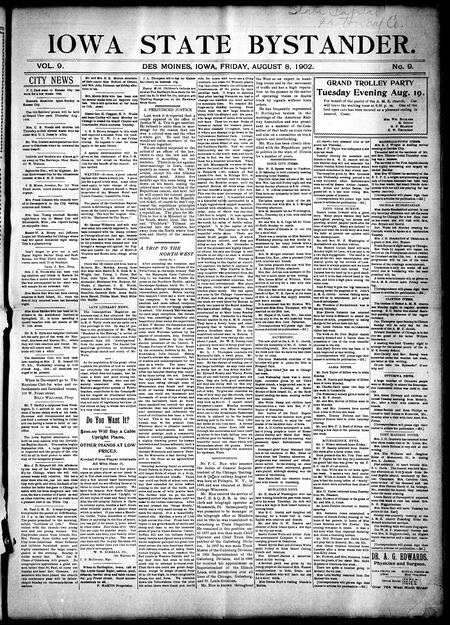 Iowa state bystander. volume 9, number 9, August 8, 1902