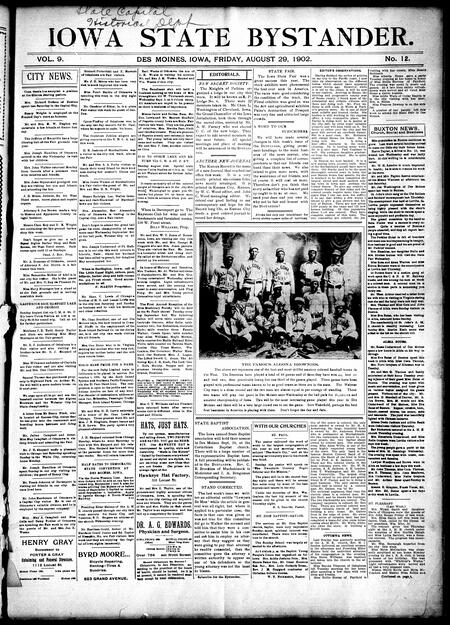 Iowa state bystander. volume 9, number 12, August 29, 1902