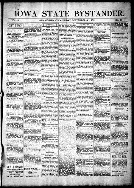 Iowa state bystander. volume 9, number 13, September 5, 1902