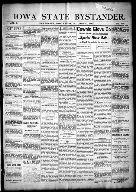 Iowa state bystander. volume 9, number 19, October 17, 1902