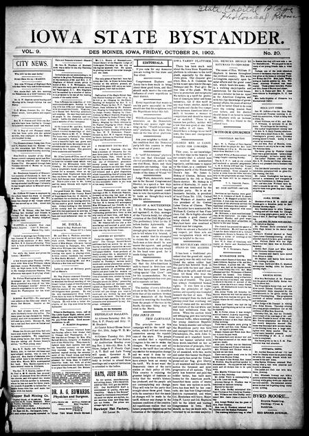 Iowa state bystander. volume 9, number 20, October 24, 1902