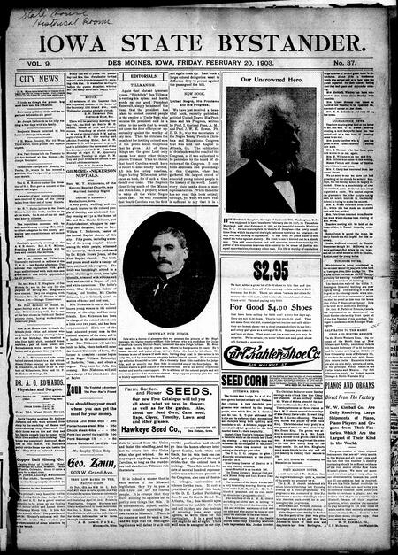 Iowa state bystander. volume 9, number 37, February 20, 1903