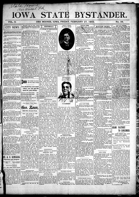 Iowa state bystander. volume 9, number 38, February 27, 1903