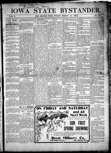 Iowa state bystander. volume 9, number 42, March 27, 1903