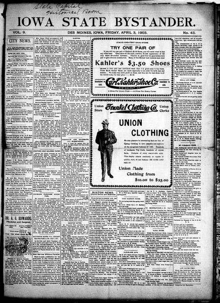 Iowa state bystander. volume 9, number 43, April 3, 1903