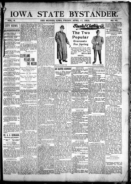 Iowa state bystander. volume 9, number 45, April 17, 1903
