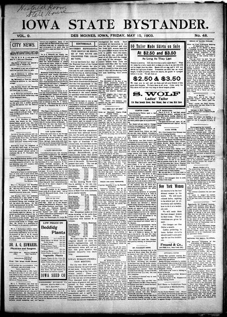 Iowa state bystander. volume 9, number 48, May 15, 1903