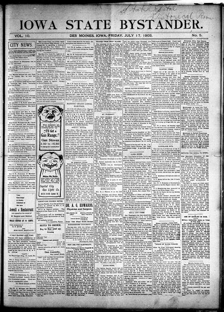 Iowa state bystander. volume 10, number 5, July 17, 1903