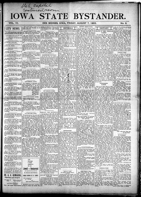Iowa state bystander. volume 10, number 8, August 7, 1903