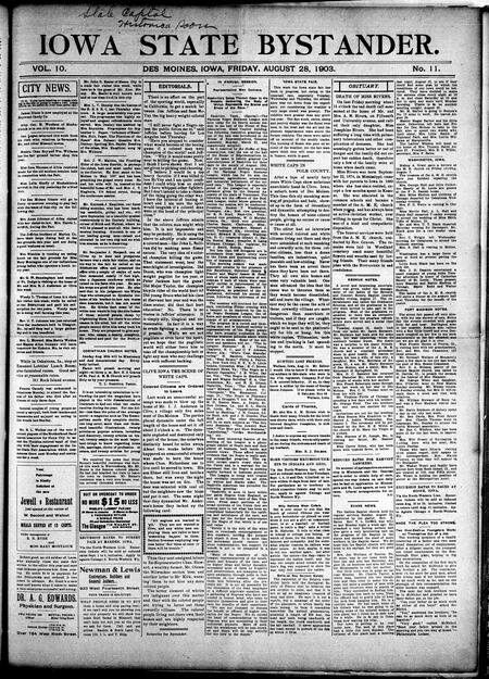 Iowa state bystander. volume 10, number 11, August 28, 1903