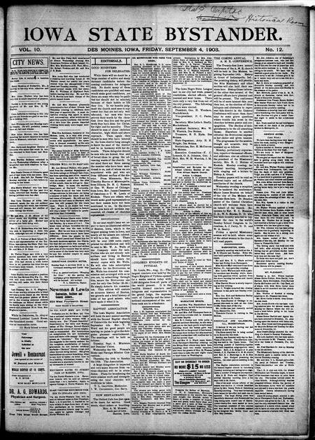 Iowa state bystander. volume 10, number 12, September 4, 1903