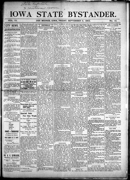 Iowa state bystander. volume 10, number 13, September 11, 1903